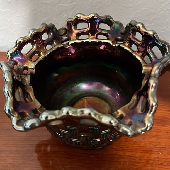 Fenton Iridescent Carnival Glass VTG Woven Basket Open work Rim Circa 1970-1985 - Picture 3 of 7